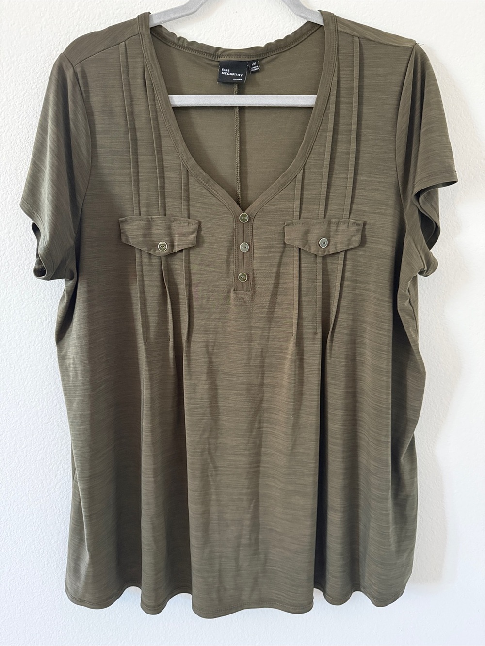 Eileen Fisher Olive Short-Sleeve V-Neck Tee with Pintuck Details